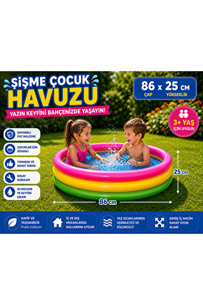 TOTTERİQ 86x25 cm Renkli Şişme Çocuk Havuzu | 3 Boğumlu Bahçe Havuzu
