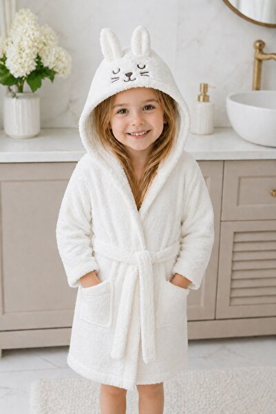 Pure Boutique Halat baie copii alb cu gluga iepuras din bumbac moale