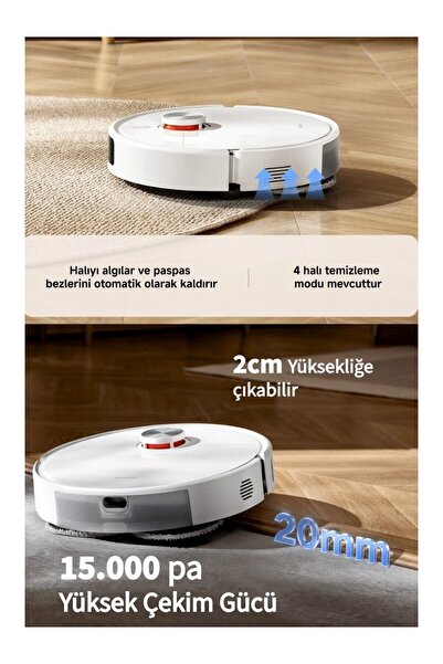 Xiaomi 15000Pa Güçlü Emiş Robot Süpürge Uzatılabilir Mop Kolu Döner Paspas Ak...