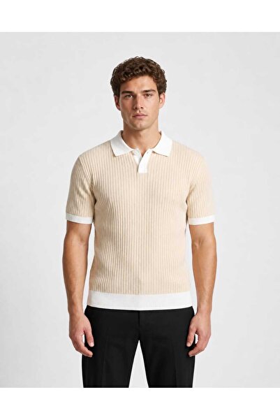 ModaAzen Beige Polo Collar Buttoned Short Sleeve Men's T-Shirt