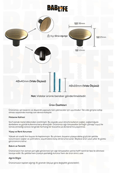 bablife Mantar Düğme Antik Sarı 35mm Metal Lüks Çapında Çekmece Dolap Mobilya Kulpları