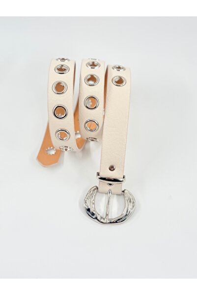 Pantastic Jeans 3.cm. Silver Buckle Silver Eyelet Clasp Beige Color Faux Leat...