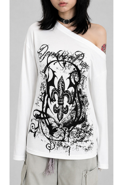 None Wear Beyaz Abstract Pattern Gotik Y2K Uzun Kollu Off-Shoulder T-Shirt