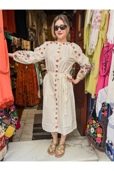 Miss Boheme Cream Color Spring Flowers Embroidered Dress