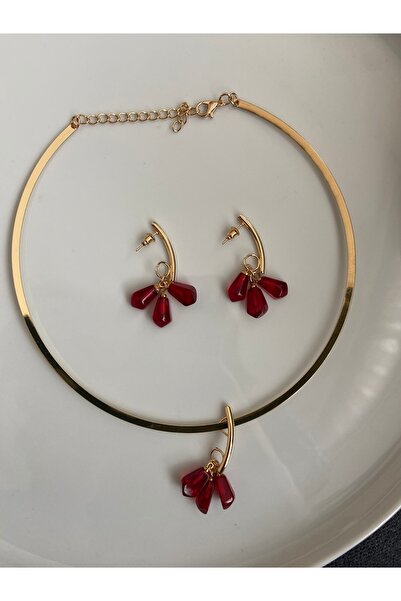 Anetta Jewelry Kadın altın renk kırmızı nar model choker kolye ve küpe seti