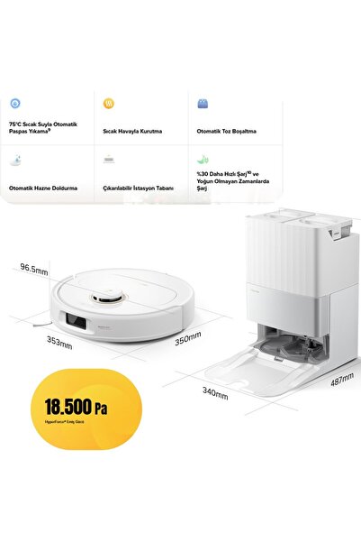 Roborock 18500Pa HyperForce DuoDivide Çift Fırça FlexiArm Kenar Silme 75°C Sı...