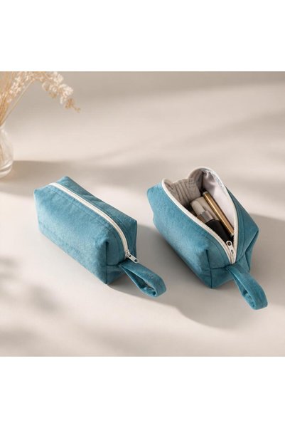 HANK Soft Pastel Blue Velvet Aesthetic Wallet, Pen Holder, and Makeup Bag - Multi-Purpose Desk Organizer and Travel Handbag - Soft Textured Stylish Gift Idea