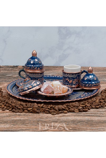 ERİZA Special Presentation Set with 6 Cups, Tray, and Turkish Delight Bowls, Handcrafted Copper Coffee Set