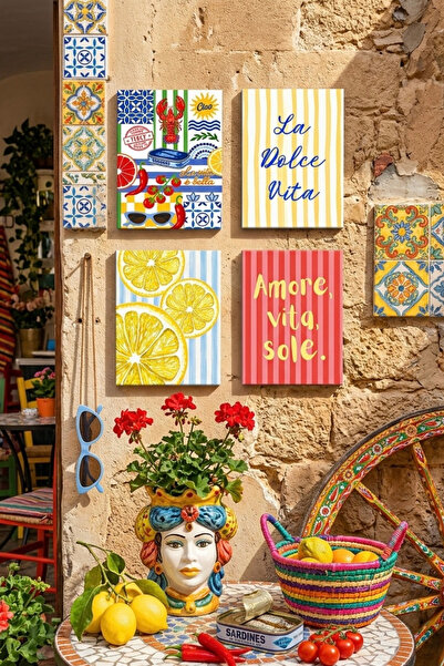 BYC TÜRKİYE La Dolce Vita Tablo Seti 4'lü Set – Sicilya Temalı- 15x20 cm, 3 m...