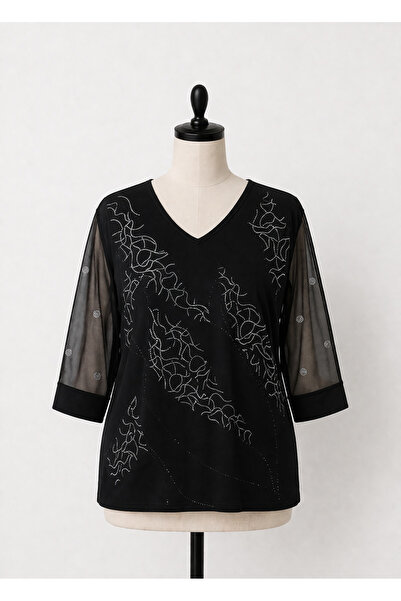 SOSA Silver Stone Embroidered Large Size Luxury Mother's Combed Cotton 3/4 Sl...