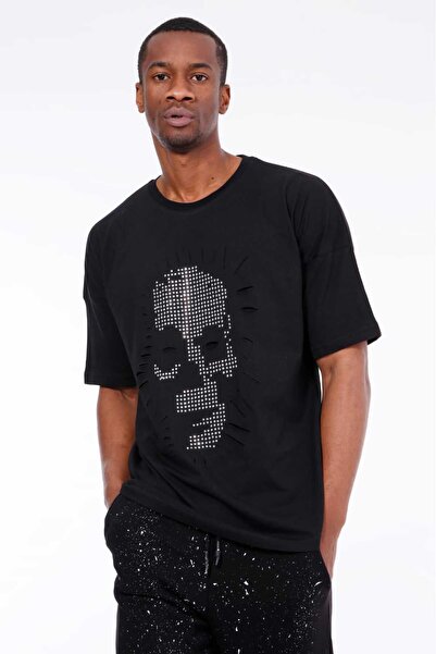 AYYA MEN Oversize Bisiklet Yaka Kısa Kollu Kuru Kafa Baskılı Taşlı T-Shirt Siyah