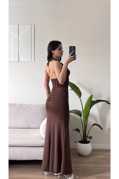 Zoom Butik Bel Korse Maxi Elbise - KAHVE
