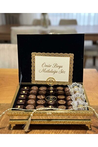 Aynalı Gümüş veya Gold Detaylı Lüks İsteme,Söz,Nişan,Nikah,Yenidoğan Çikolata Kutusu