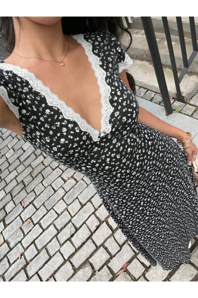 civetta Women's Short Sleeve Deep V Neck Lace Detailed Floral Patterned Long ...