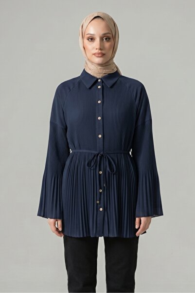 Lunfia Beli Bağlamalı Taşlı Düğmeli Pliseli Poplin Tunik - Laci