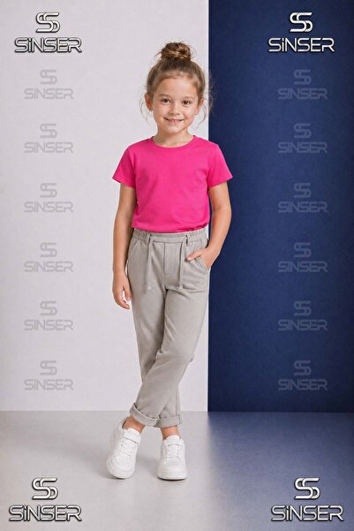 SS SİNSER Pantaloni uni pentru fete, cu talie elastică, stil Lycra cu tiv pli...