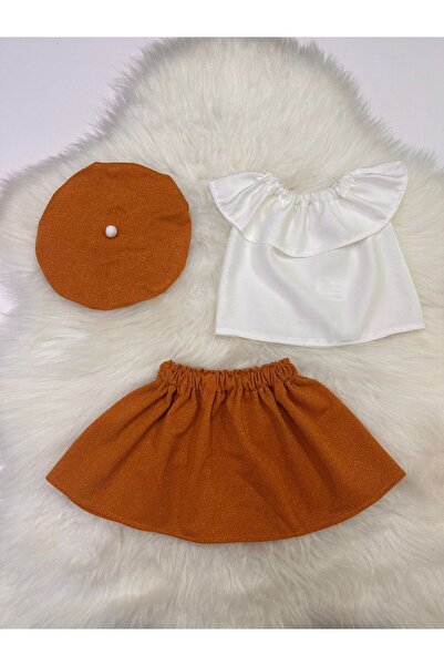 Moda Lina Baby طقم قبعة وبلوزة بيضاء وتنورة برتقالية اللون للفتيات الصغيرات م...