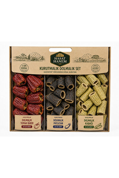 Antep Hasat Hanem Kurutmalık Dolmalık Set 3’lü (Antep Topak Biber, Patlıcan, ...