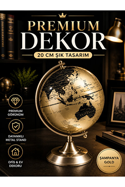 KOLAYEV Dekoratif Dünya Küresi 20 Cm Metal Standlı Şampanya Gold Ofis Masa Ak...