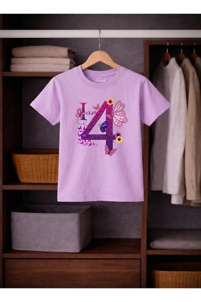 Funkaar Birthday Girl, 4th Year Butterfly Birthday Graphic Print T-Shirt