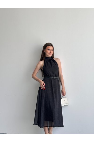 Liva Style Co Halter Neck Polka Dot Belted Chiffon Dress
