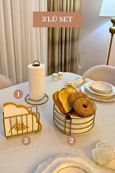 Edora Home 3’lü Set Mat Gold Kafes Peçetelik Dik Kağıt Havluluk Yuvarlak Ekme...
