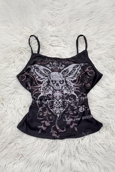 Genel Markalar Siyah Gotik Skull Butterfly Wings Y2K Askılı bluz