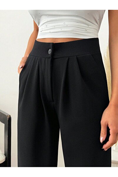 AREF JEANS Pleated Black Palazzo Pants - High Waist Fabric