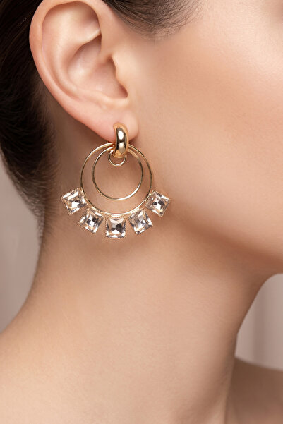 PETEK AKSESUAR Ring with Square Stone Earrings 5 Cm.