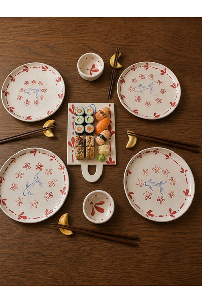 Handmade Seramik el yapımı 4 kişilik sushi set (servis tabağı ve chopstick he...