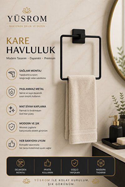 Kare Havlu Askısı Mat Siyah Yapışkanlı Banyo Havluluğu, Delmeden Montajlı Modern Havluluk