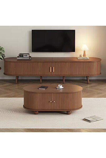 Sare trade MODERN CEVİZ LAMBRI DETAYLI OVAL ORTA SEHPA VE TV ÜNİTESİ SETİ