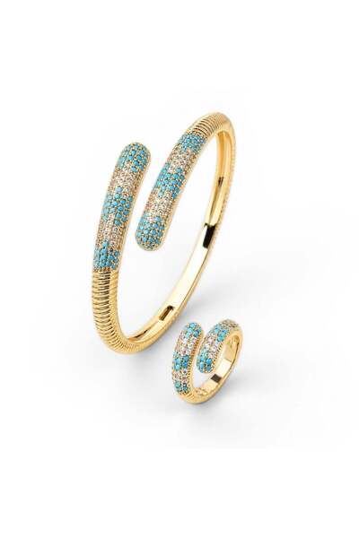 neslyaccessories Turkuaz Taşlı 14K Gold Bileklik Yüzük Seti