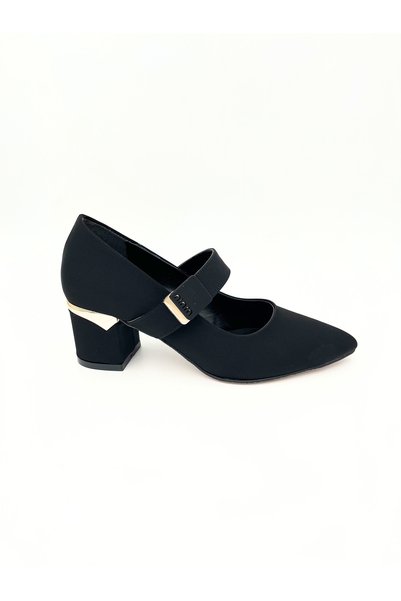viderri Women's Black Satin Stylish Buckle Detailed Elastic Band Gold Detailed Heeled Stiletto Women's Shoes Vdz02018