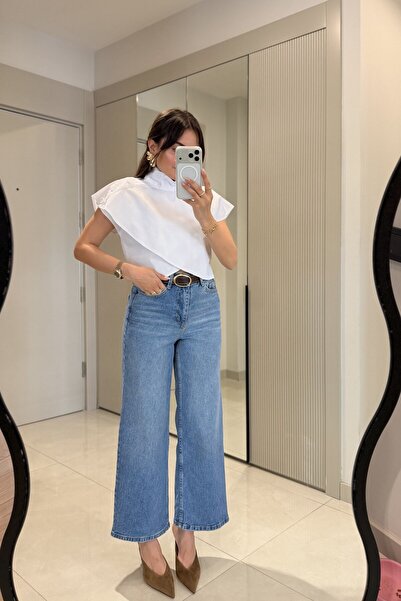 Gizem Ecemiş Howell Midblue Kemerli Wide Leg Jean