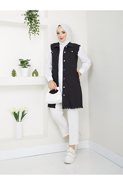 MARSE Düğmeli Cep Detaylı Uzun Denim Yelek