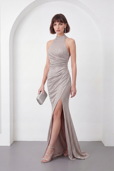 Lafaba Women's Beige Halter Neck Slit Glittery Long Evening Dress