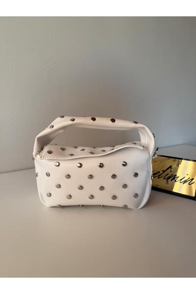 emelimin Women's White Studded Handbag Trok Detailed Baguette Shoulder Bag So...