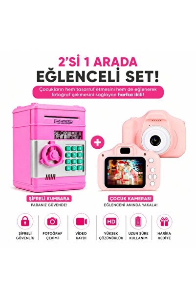 electroawm Çocuk Fotoğraf Makinesi + Şifreli Kumbara Seti Eğitici Oyuncak Hed...