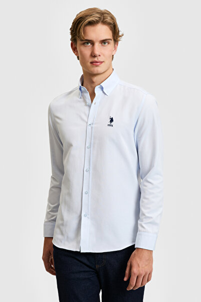 U.S. Polo Assn. قميص رجالي أساسي بأكمام طويلة باللون الأزرق الفاتح 50322159-V...