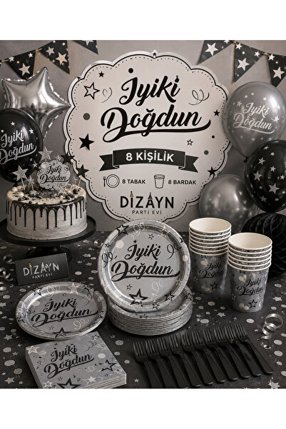 Dizayn Parti Evi Siyah Yazılı Gümüş İyiki Doğdun 8 Kişilik Doğum Günü Parti S...