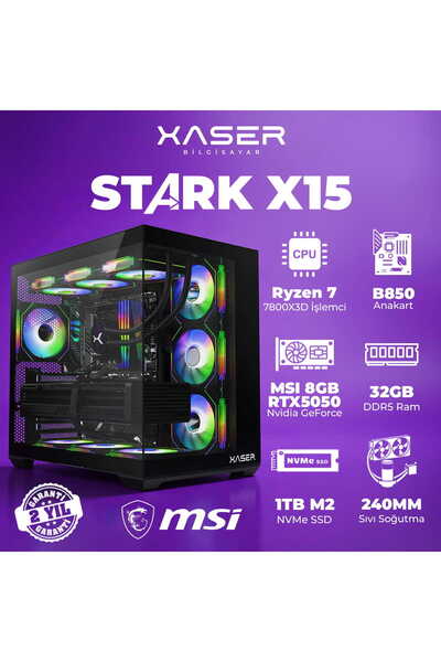 XASER STARK X15 Ryzen 7 7800X3D 32GB Ram 1TB M.2 NVMe SSD 8GB RTX5050 Sıvı So...