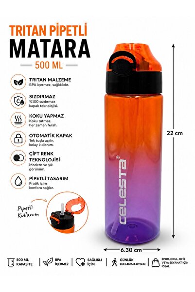 Tritan Otomatik Pipetli Kapaklı Su Matarası - 500 ML