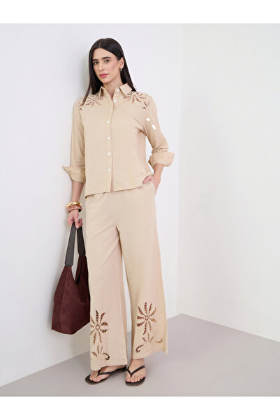 Styli Beige Embroidered Oversized Eyelet Shirt