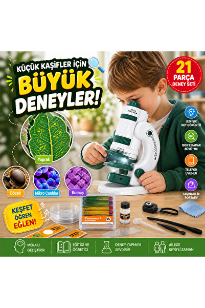 VELKAR 180X Taşınabilir Eğitim Mikroskobu LED Işıklı 21 Parça