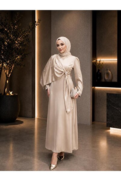 Brnmodest Zahide Taşlı Broşlu Beg Saten Kumaş Tesettür Abiye