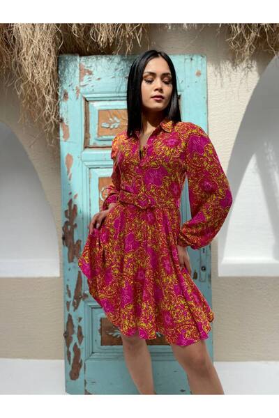 Nida Boutique Gömlek Yaka Düğmeli Kemerli Viskon Kısa Elbise