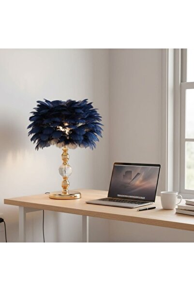 Kardett Lampă decorativă cu pene albastre și bază aurie cu cristale, lampă modernă și glamuroasă pentru dormitor.