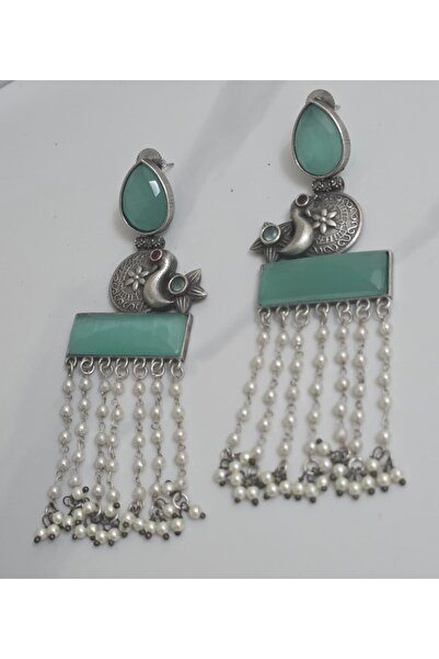 NirVee Handcrafted Oxidized Ethnic Earrings with Green/Pink Stones and Pearls.