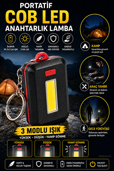nelerbulurum Pilli 3 Modlu Güçlü Işık Portatif COB LED Acil Durum ve Kamp Lam...